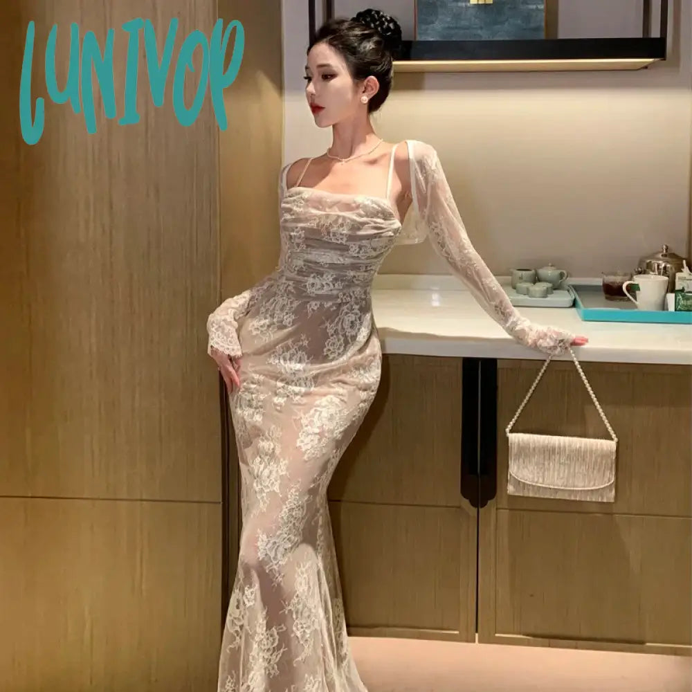 Lunivop Women's Retro Lace Midi Dress Spaghetti Strap Lace Up Bodycon Mermaid Spring and Summer Evening Party Prom Robe