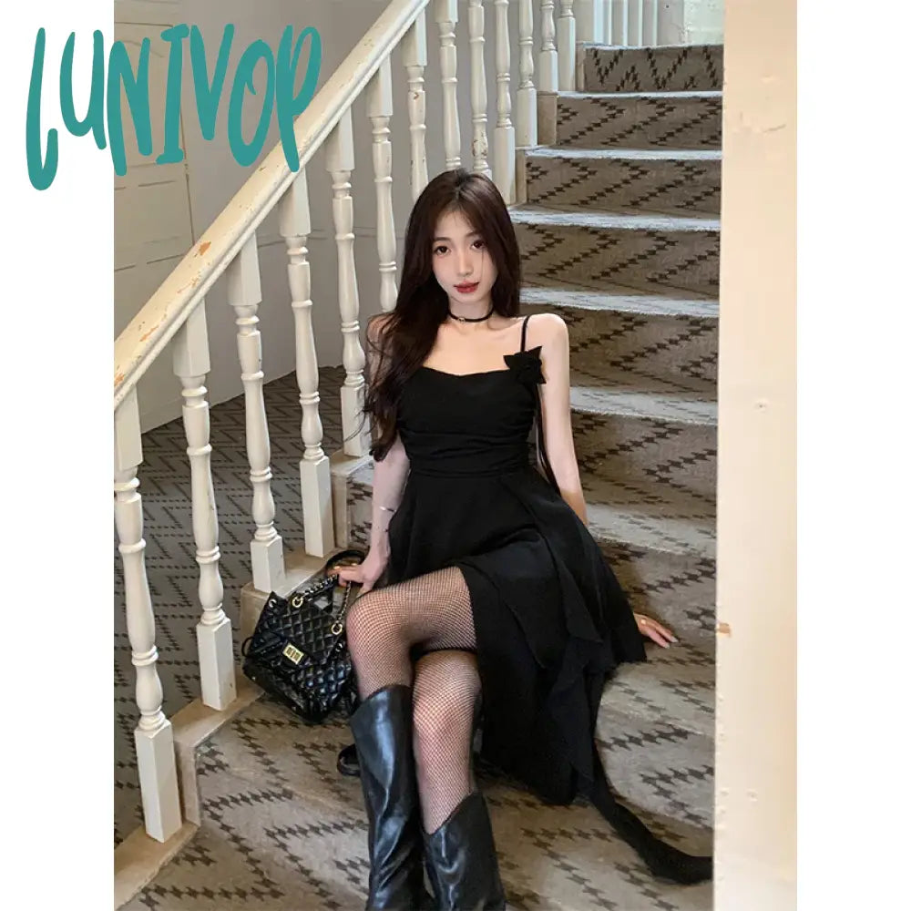 Lunivop Y2K Irregular Midi Dress Women Gothic Black Sexy Strap One Pieces Dresses Korean Party Prom Elegant Bodycon Vestidos New