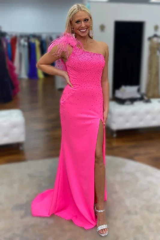 Mermaid One Shoulder Long Prom Dress with Feathers gh2840