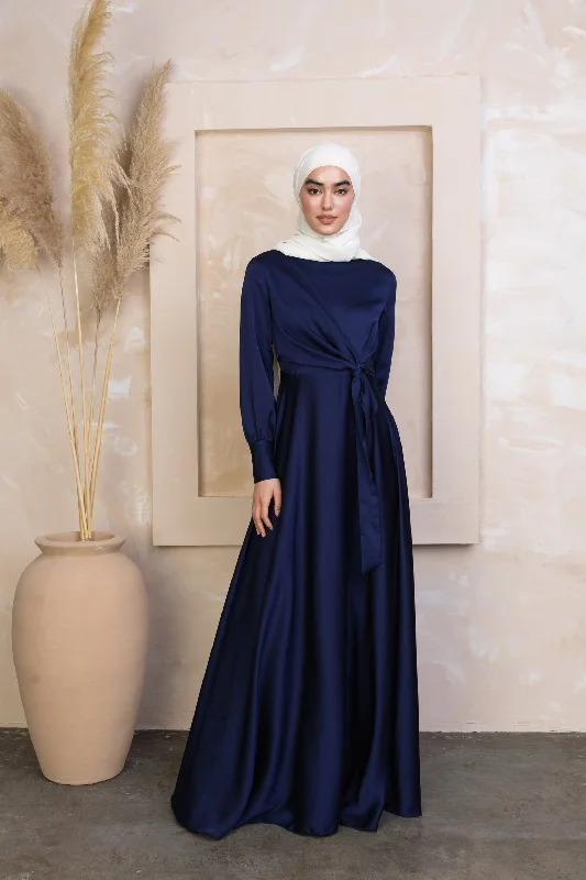 Midnight Blue Diana Side Knot Satin Gown