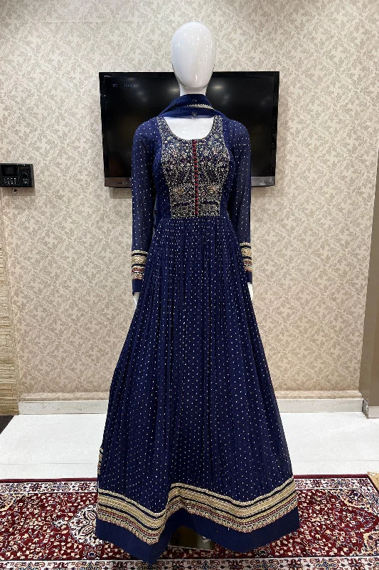 Navy Blue Banaras Butta, Mirror, Stone, Sequins and Thread work Floor Length Anarkali Suit