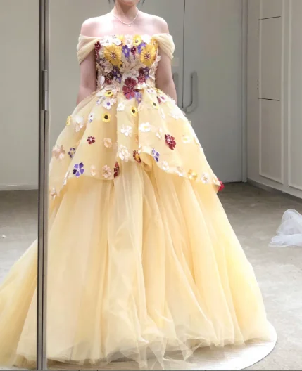 Off the shoulder 3D flower prom dress a line yellow gown gh2781