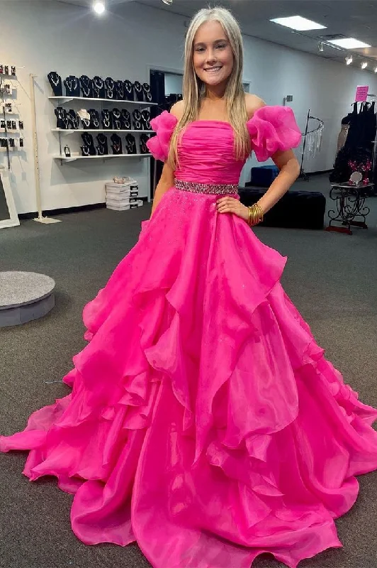 Off the Shoulder Red Balloon Sleeves Ruffle Layered Prom Dress gh2777