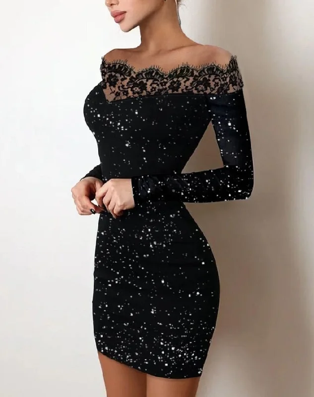 Party Night Out Dresses For Women Autumn Plain Black Off Shoulder Long Sleeve Contrast Lace Glitter Bodycon Mini Dress