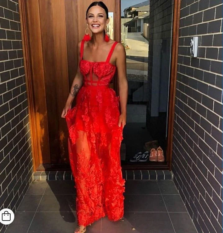 Red Tulle A Line Prom Dress Lace Evening Formal Dress gh2808