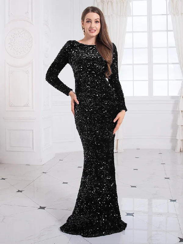 Royal Blue Stretch Sequin Floor Length Evening Night Dress Full Sleeve Bodycon Black Mermaid Party Dress