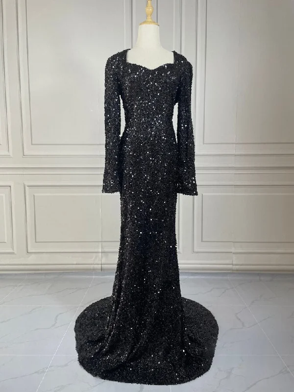 Stretch Sequined Maxi Dress Full Sleeve V Neck Mermaid Evening Night Long Party Dress Grey Black Burgundy