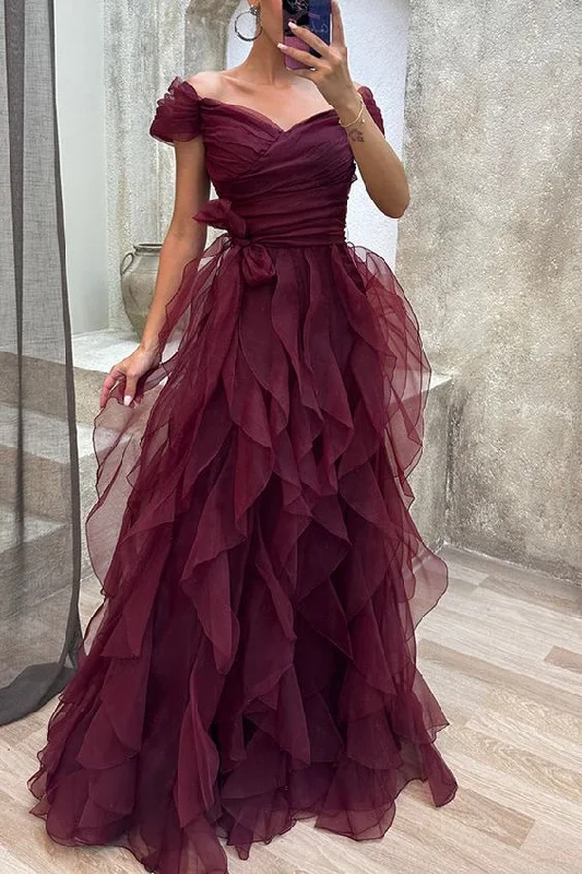 Burgundy Tulle Off Shoulder Tiered Ruffle Evening Maxi Dress gh2784