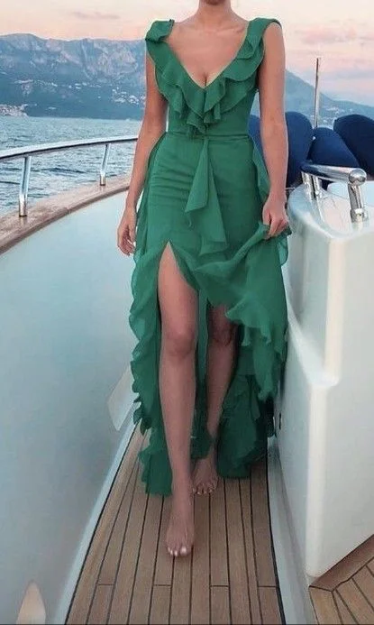 Chiffon V Neck Green layered Prom Dress With Slit gh2787