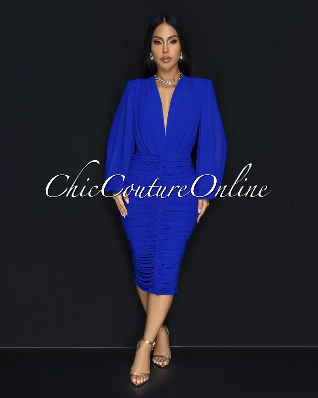 Vanica Royal-Blue Mesh Overlay Plunging V-Neck Midi Dress