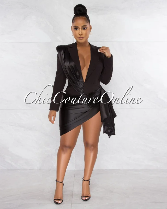Vilina Black Silky Draped Overlay Bodysuit Dress