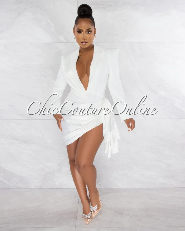 Vilina Off-White Silky Draped Overlay Bodysuit Dress