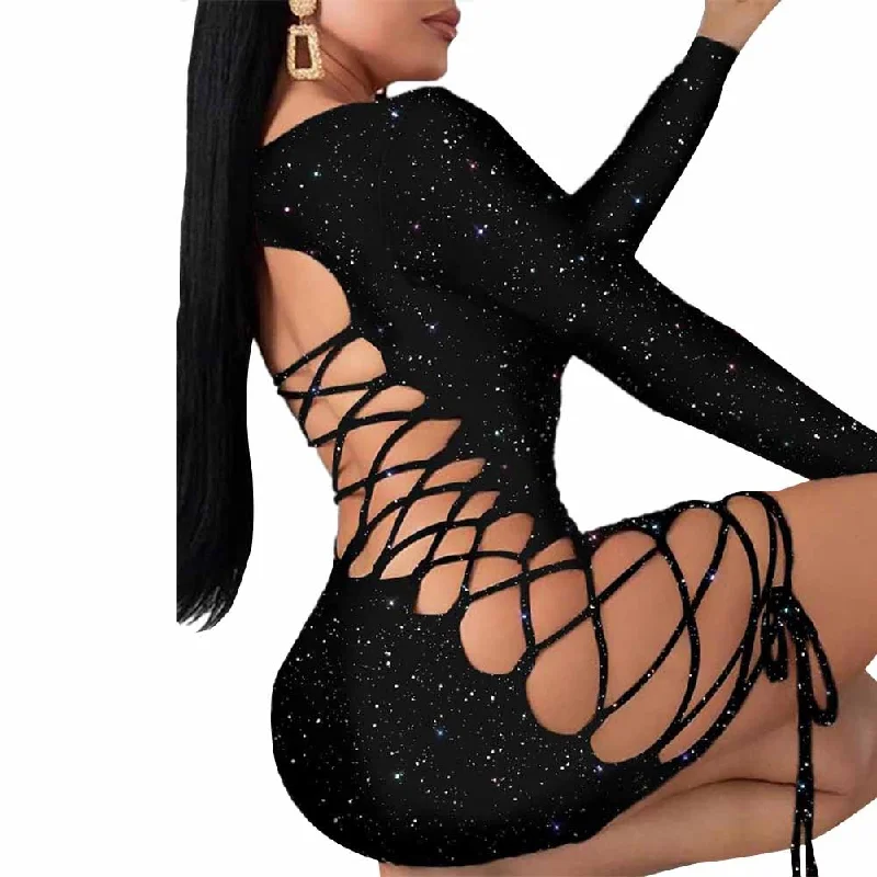 Women Long Sleeve Backless Hollow out Side Hole Bandage Bodycon Sparkle Sequined Evening Party Club Mini Pencil Dress