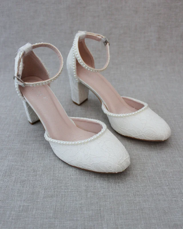 Lace Block Heel with Mini Pearls