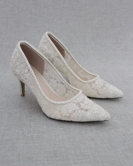 Lace Bridal Pump with Mini Pearls