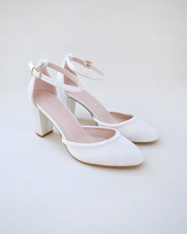 Satin Block Heel with Mini Pearls