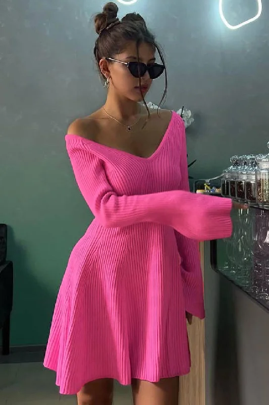 Sexy Deep V Neck Long Sleeve A Line Ribbed Knit Winter Party Mini Dress - Hot Pink