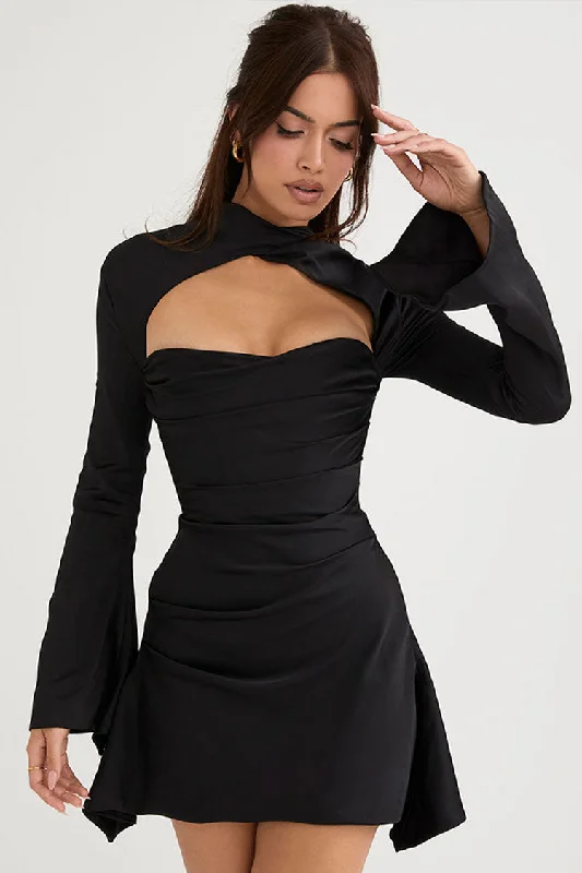 Silky Gathered High Neck Long Sleeve Cutout Party Mini Dress - Black