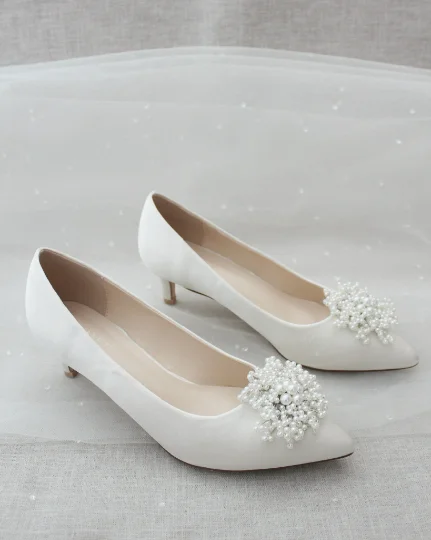 White Satin Pointy Toe Kitten Heel with Mini Pearls Brooch