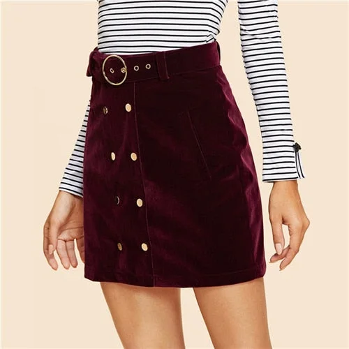 Maroon Double Button Belted Velvet Mid Waist Short Mini Skirts