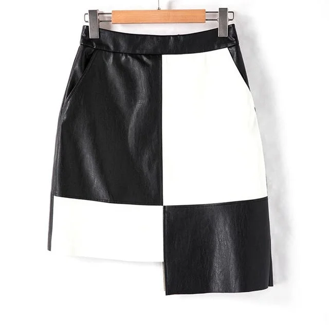 Women Mini Skirt PU Patchwork Female Sexy Short Pencil Skirt