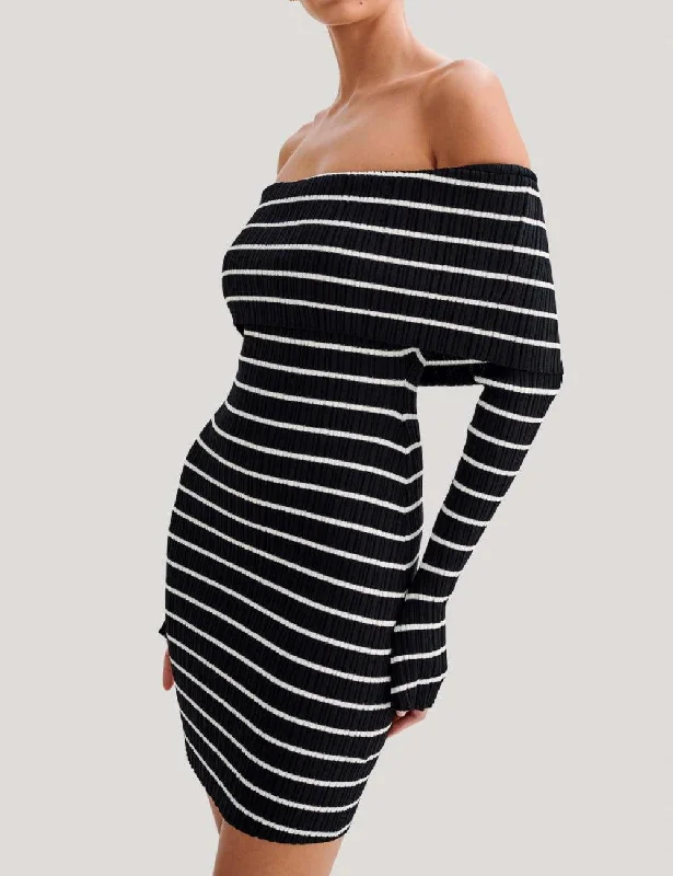 Ladies Stripe Off Shoulder Knit Mini Dress 344#