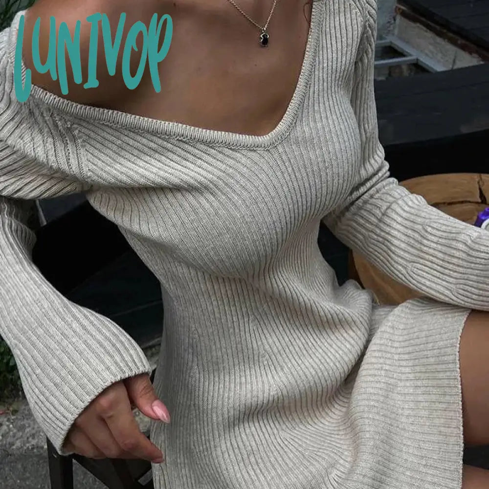 Lunivop Elegant Ribbed Knit A-Line Mini Dress Fashion Club Outfits for Women Jersey V Neck Sweater Dresses Autumn Mini Dress