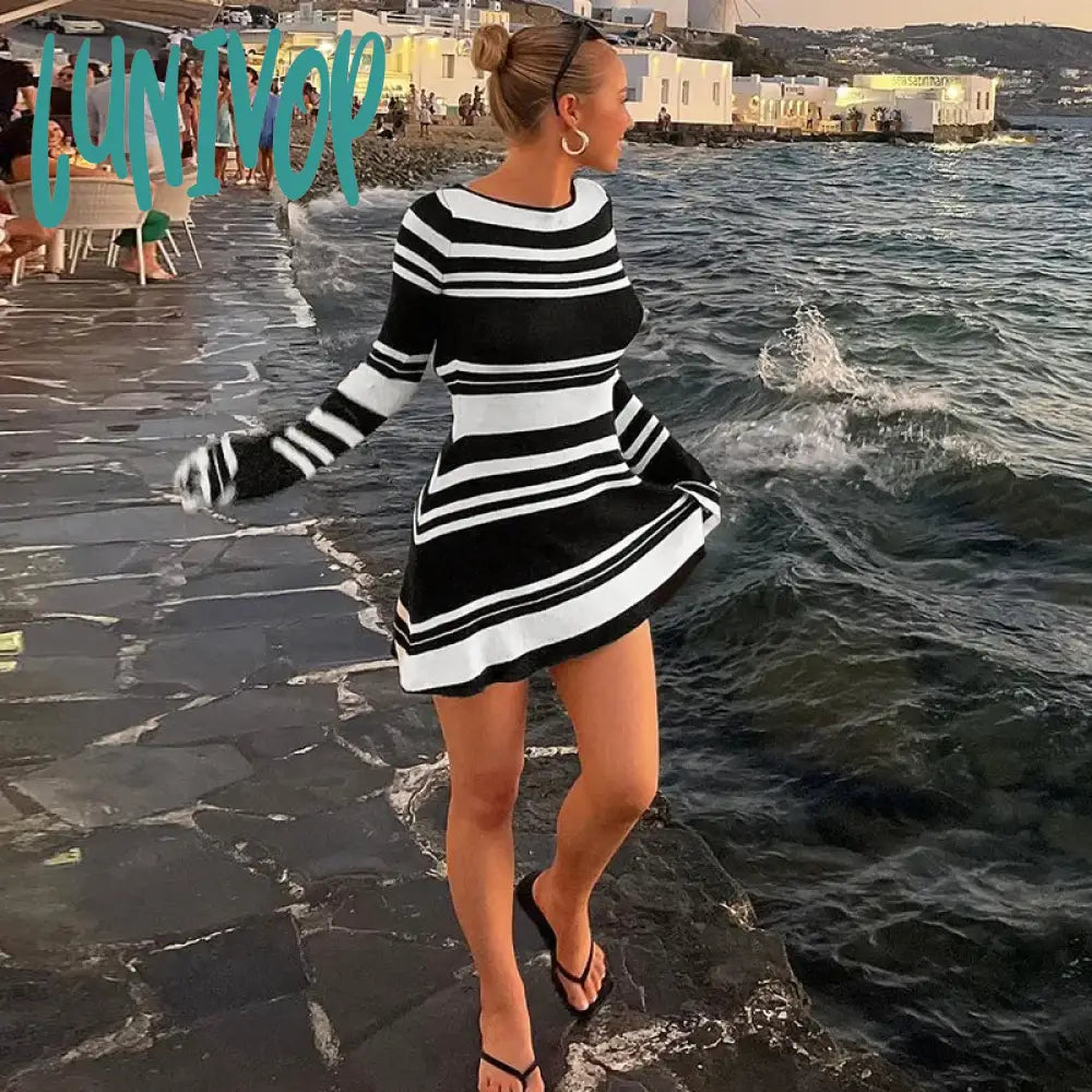 Lunivop Fashion Striped Sexy Backless Mini Dresses Autumn Club Party Flare Sleeve Sweaters Dresses for Women Beachwear Dress for Women