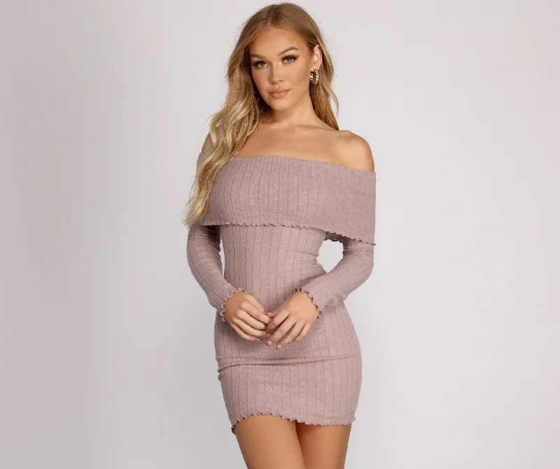 Off The Shoulder Brushed Knit Mini Dress