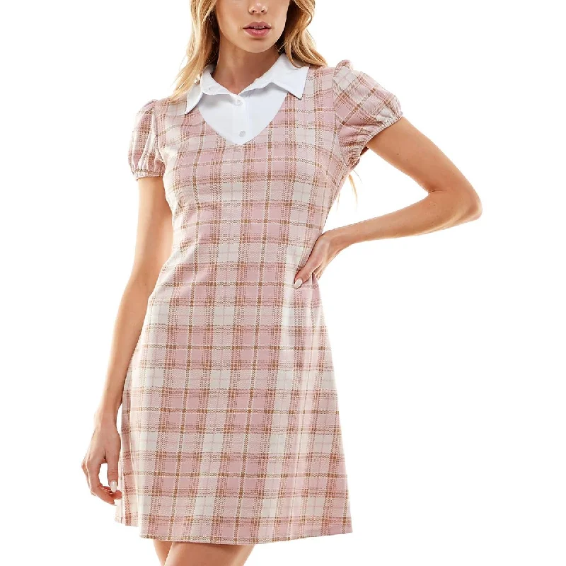 Planet Gold Womens Juniors Plaid Mini Shirtdress