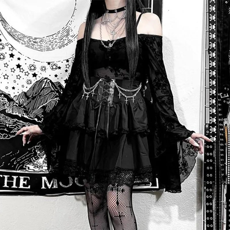 Black Mini Gothic Sexy Cute Women Drawstring Folds High Waist Irregular Ruffle Patchwork Fairycore Skirt Black Mini Gothic Sexy Cute Women Drawstring Folds High Waist Irregular Ruffle Patchwork Fairycore Skirt