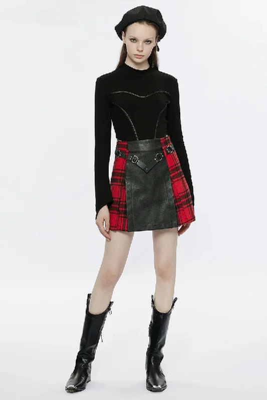 Women's Black+Red Plaid Splicing Rivet Metal Buckle Belt Daily A-Line Personality Mini Skirt Women's Black+Red Plaid Splicing Rivet Metal Buckle Belt Daily A-Line Personality Mini Skirt