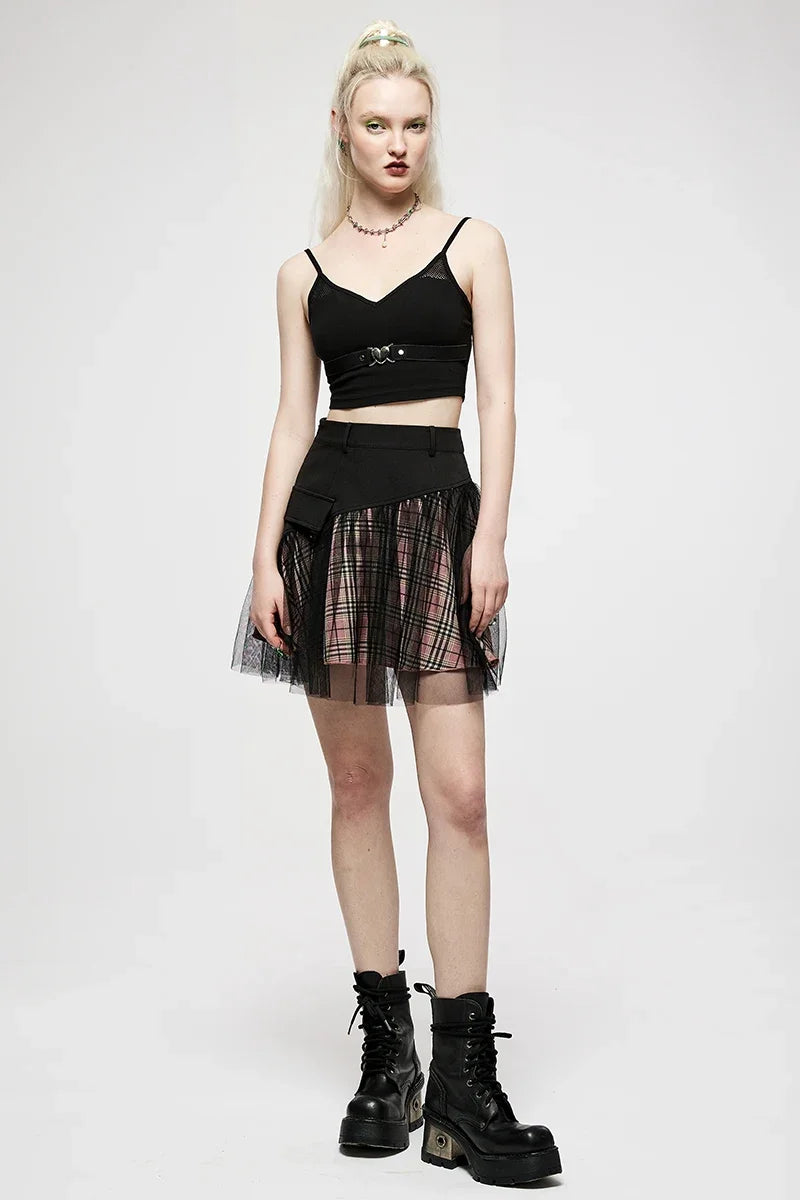 Women's Mesh Panel Plaid High Waist Short College Style Stitched A-line Youth Girl Mini Skirt Women's Mesh Panel Plaid High Waist Short College Style Stitched A-line Youth Girl Mini Skirt