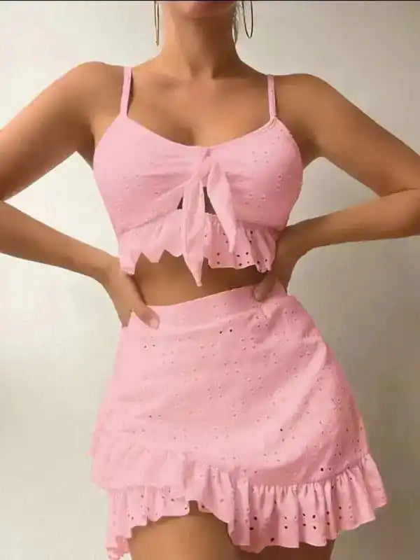 Women’s Solid Color Eyelet Tie Front Ruffle Crop Tank With Matching Ruffle Hem Mini Skirt