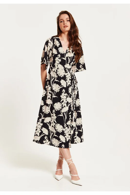 Liquorish Floral Print Midi Wrap Dress With Kimono Sleeves