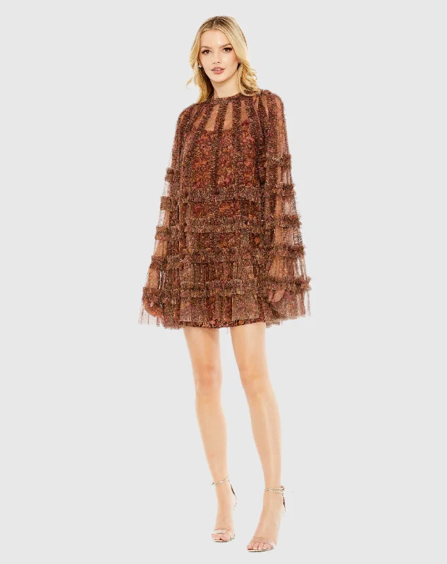 Brown Floral Print Long Flare Sleeve Mesh A-Line Dress