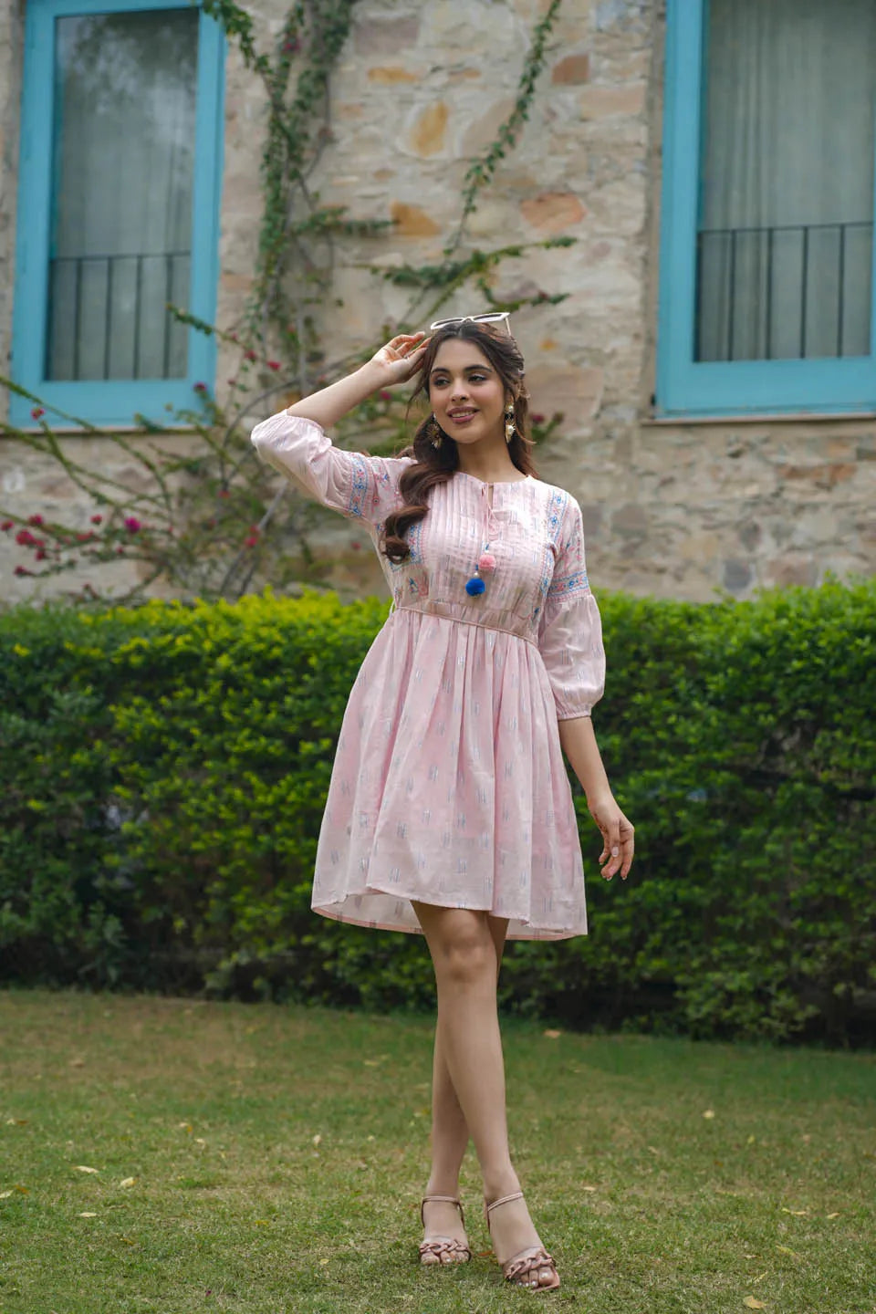 ETHNIC MOTIFS PRINT TIE-UP NECK FIT & FLARE DRESS