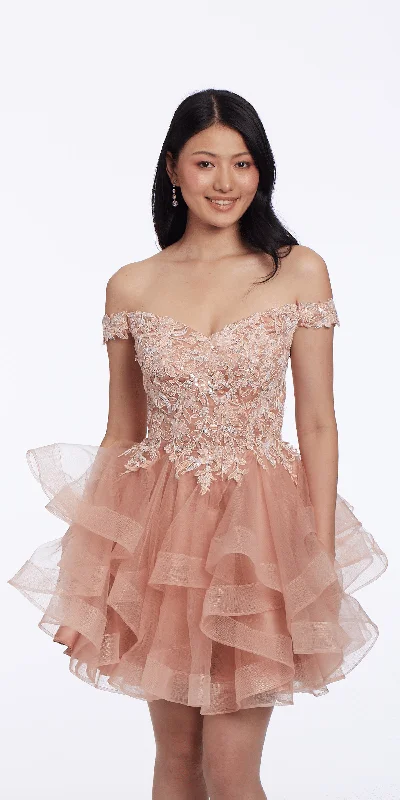 Floral Embroidered Off the Shoulder Tiered Tulle Fit and Flare Dress