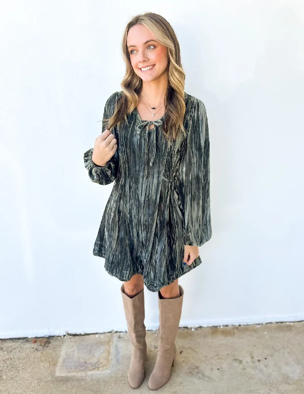Holiday Lovin' Velvet Mini Flare Dress in Sage