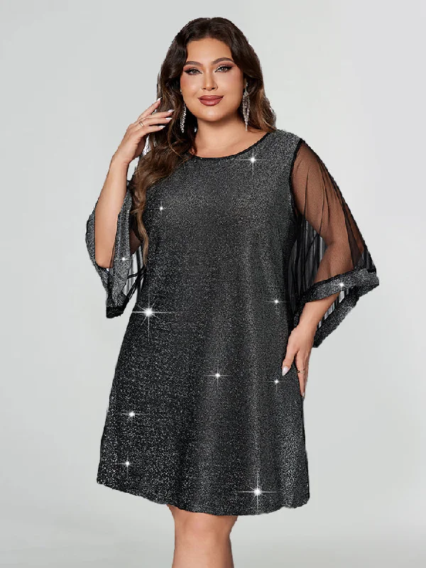 Contrast Mesh Flare Sleeve Glitter Dress