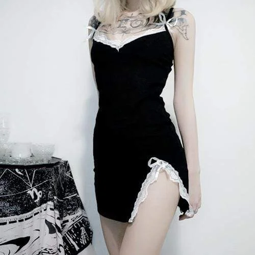 Women's Goth Lace Slit Slip Dress